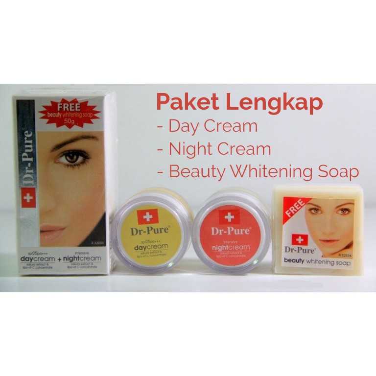 Dr Pure Whitening Cream Paket Komplit Day Night Krim FREE Facial Soap - Krim Siang Malam BONUS Sabun