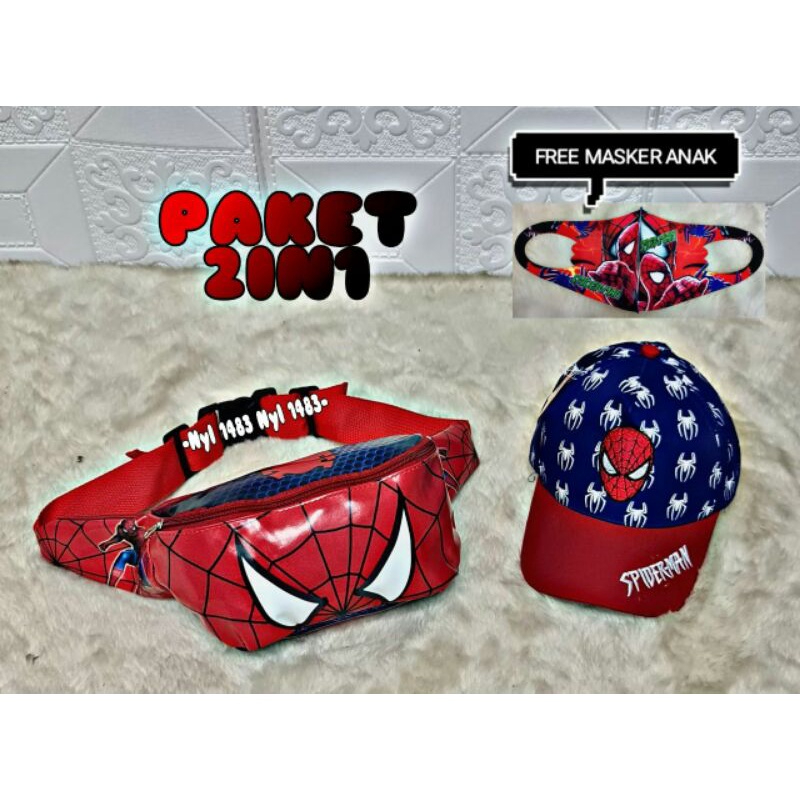 2in1 FREE MASKER waist bag anak spiderman topi anak spiderman tas selempang anak topi anak COD