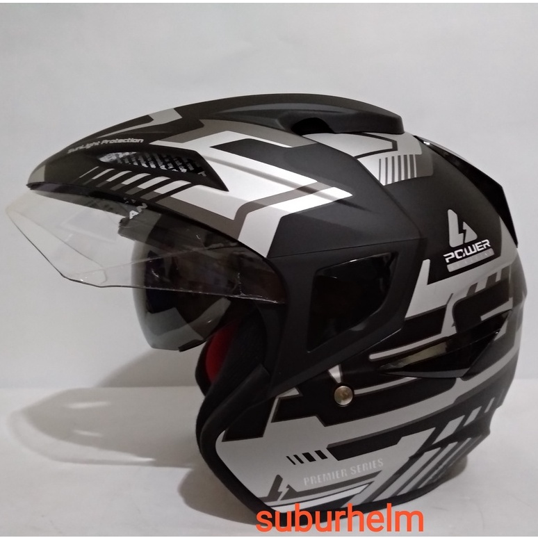 HELM  ASCA  PREMIER  MOTIF  POWER   BLACK  SILVER  DOFF  DAN  GLOSSY  HALF FACE  DOUBLE VISOR MANUAL