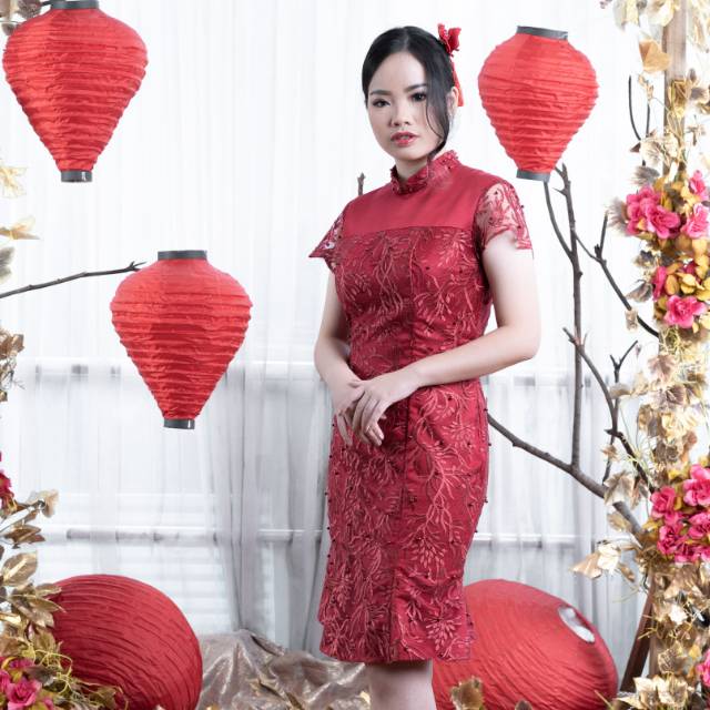 Premium Cheongsam Dress Maroon