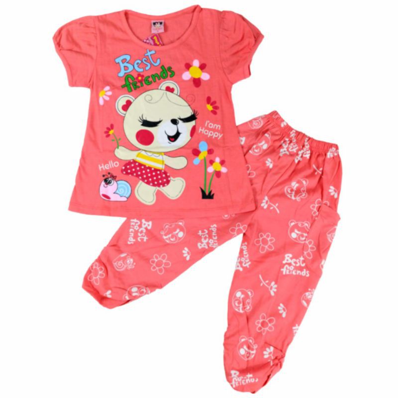 Setelan baju anak perempuan CP Donut motif best friend (sr.A50) warna ungu peach pink fanta