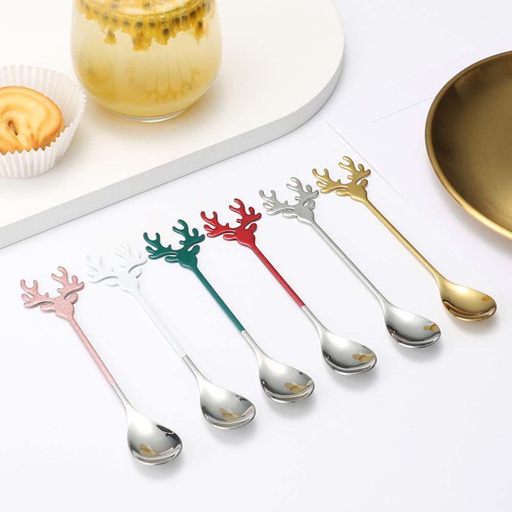 Nickolas1 Sendok Kopi Stainless Steel Kualitas Tinggi Natal Elk Deer Head Dessert Stirring Spoon