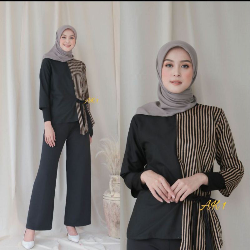 tey-17 Batik wanita ASJ SA HRB026 Kenongo Kemeja Tosca Pendek-Garis hitam