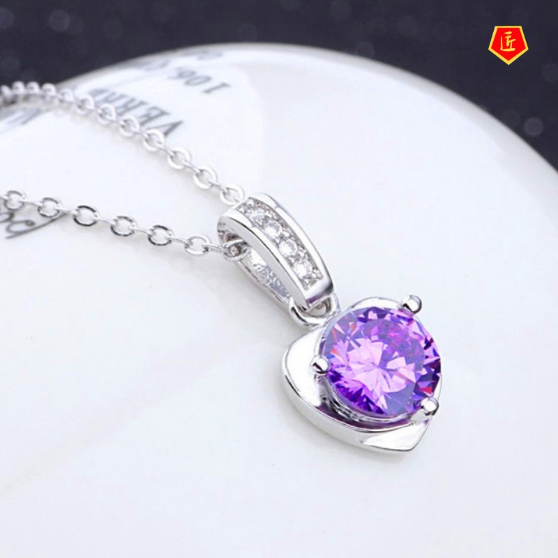 [Ready Stock]Love Heart-Shaped Silver Necklace Women's Korean Fashion Simple Amethyst Pendant