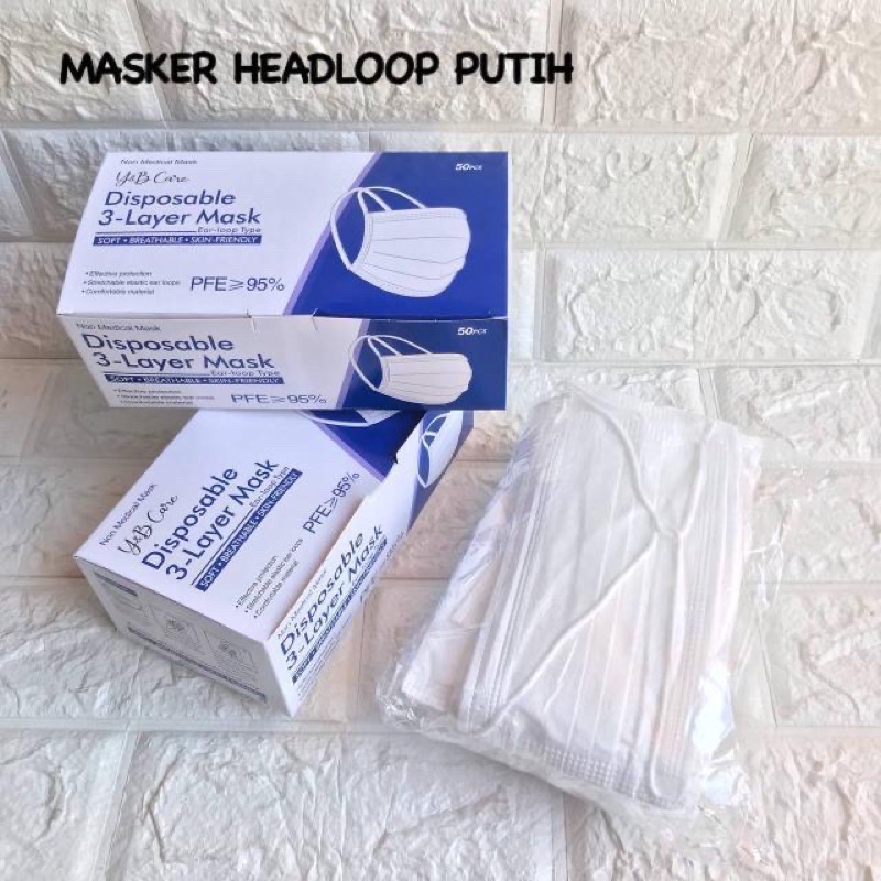 MASKER HIJAB 3PLY PUTIH DISPO / HEADLOOP WHITE MURAH