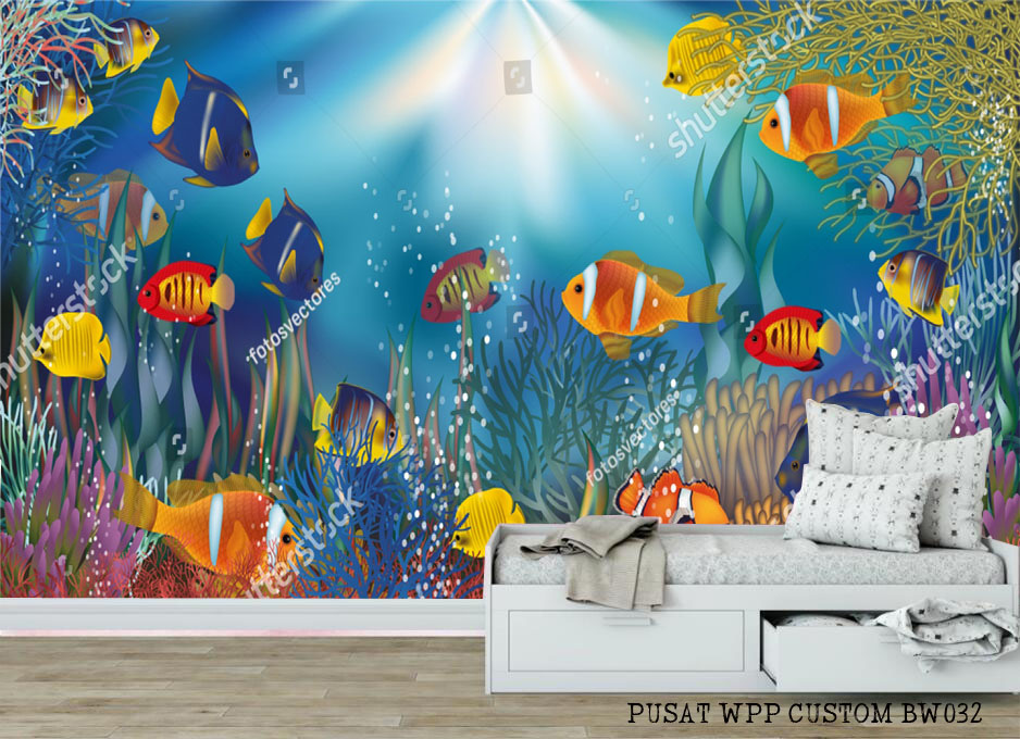 Wallpaper Sticker Dinding, Wallpaper 3d Pemandangan ikan Bawah laut, 3d wall, Dekorasi Rumah