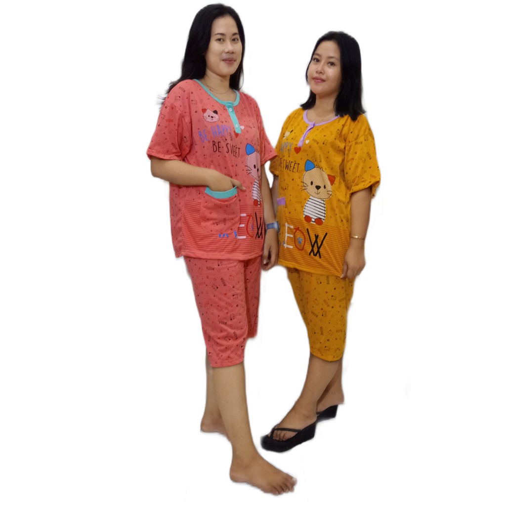 Baju Tidur Wanita 3/4 Jumbo NB Bahan Tebal MEOW HOKI WARNA ACAK-3