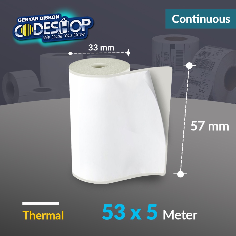 

Codeshop Label Thermal 53 x 5 M Continuous 58mm Stiker Printer Bluetooth Coreless Panjang 5 Meter