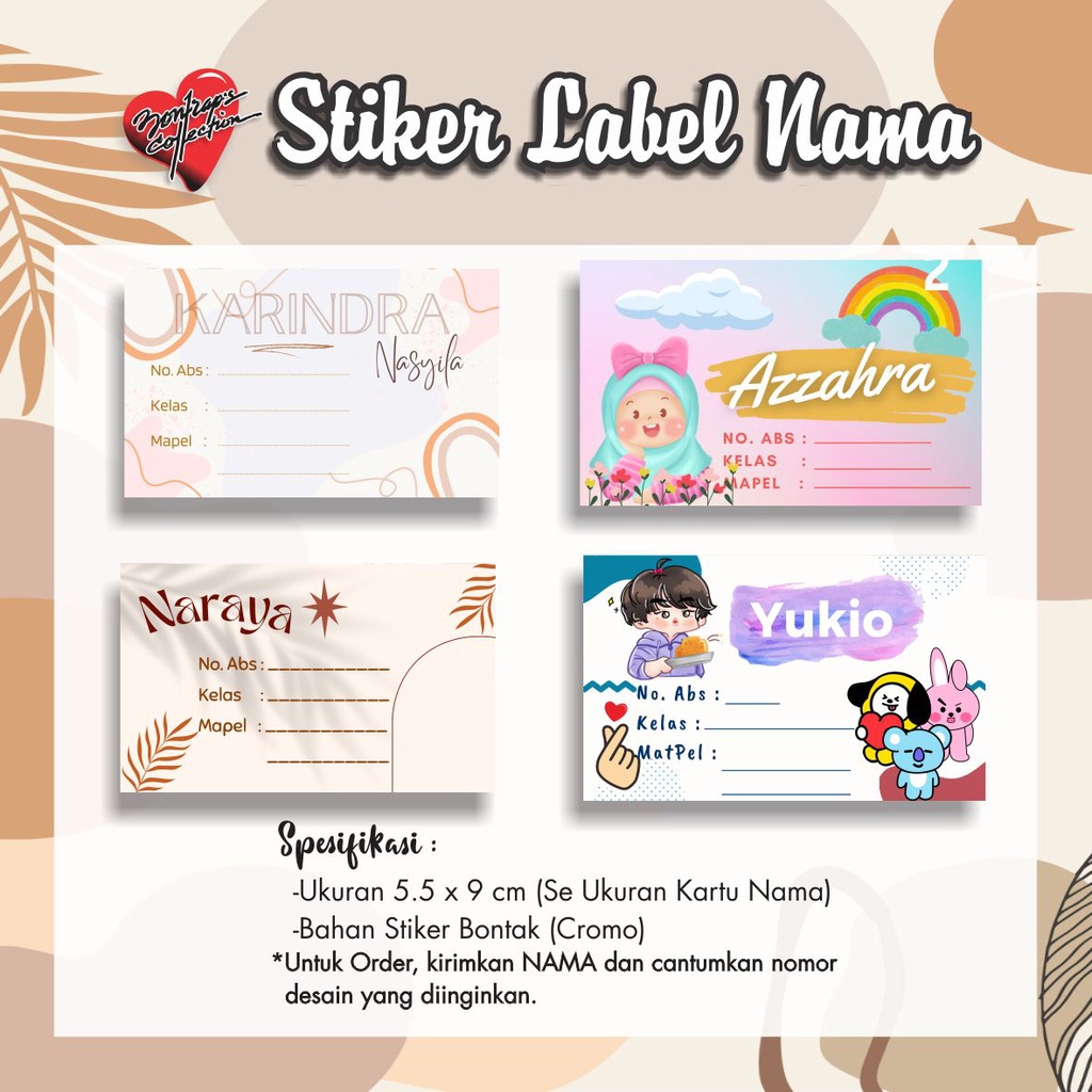 

LABEL NAMA BUKU SAMPUL UKURAN 5.5X9 CM (BISA CUSTOM) MURAH!
