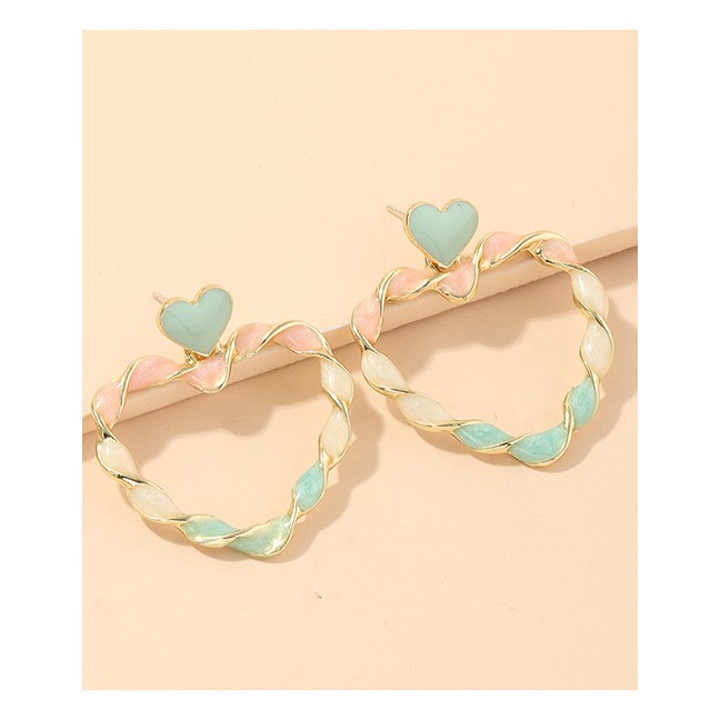 LRC Anting Tusuk Fashion Openwork Green Metal Dripping Contrast Color Heart Earrings K26940