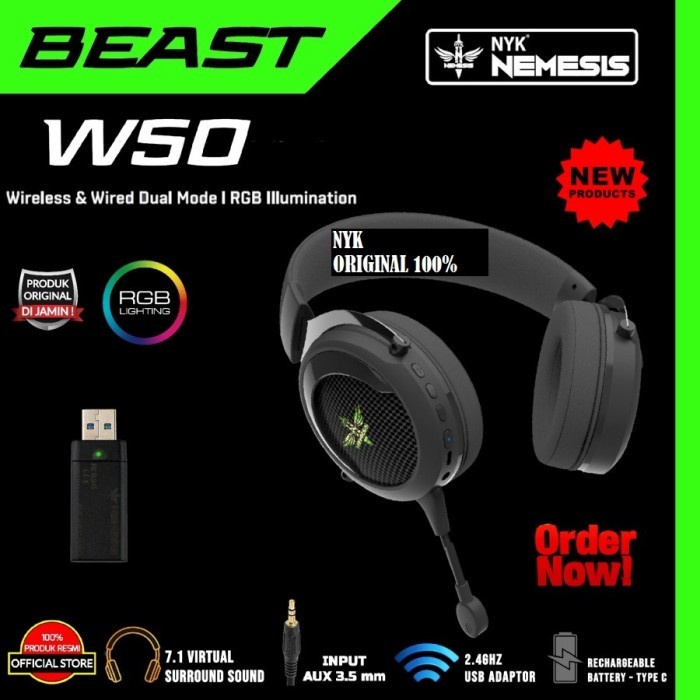 NYK W50 / W 50 BEAST Wireless and Wired Dual Mode Gaming Headset