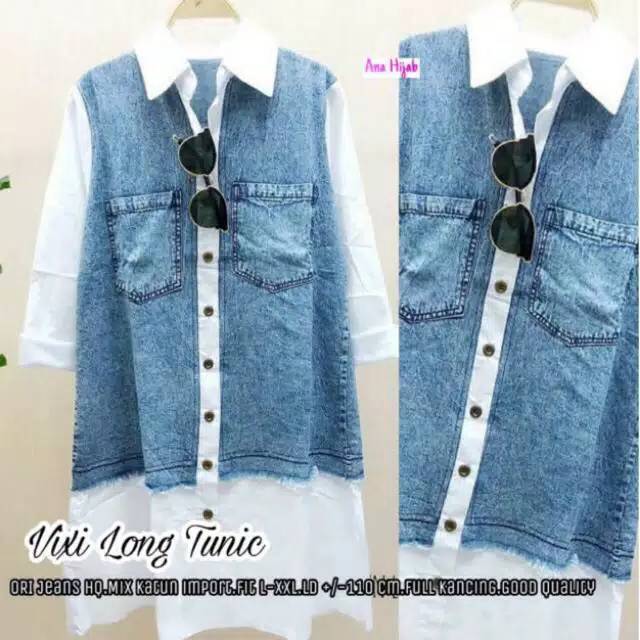 VIXI TUNIK BAHAN JEANS MOTIF KOMBINASI BEST SELLER