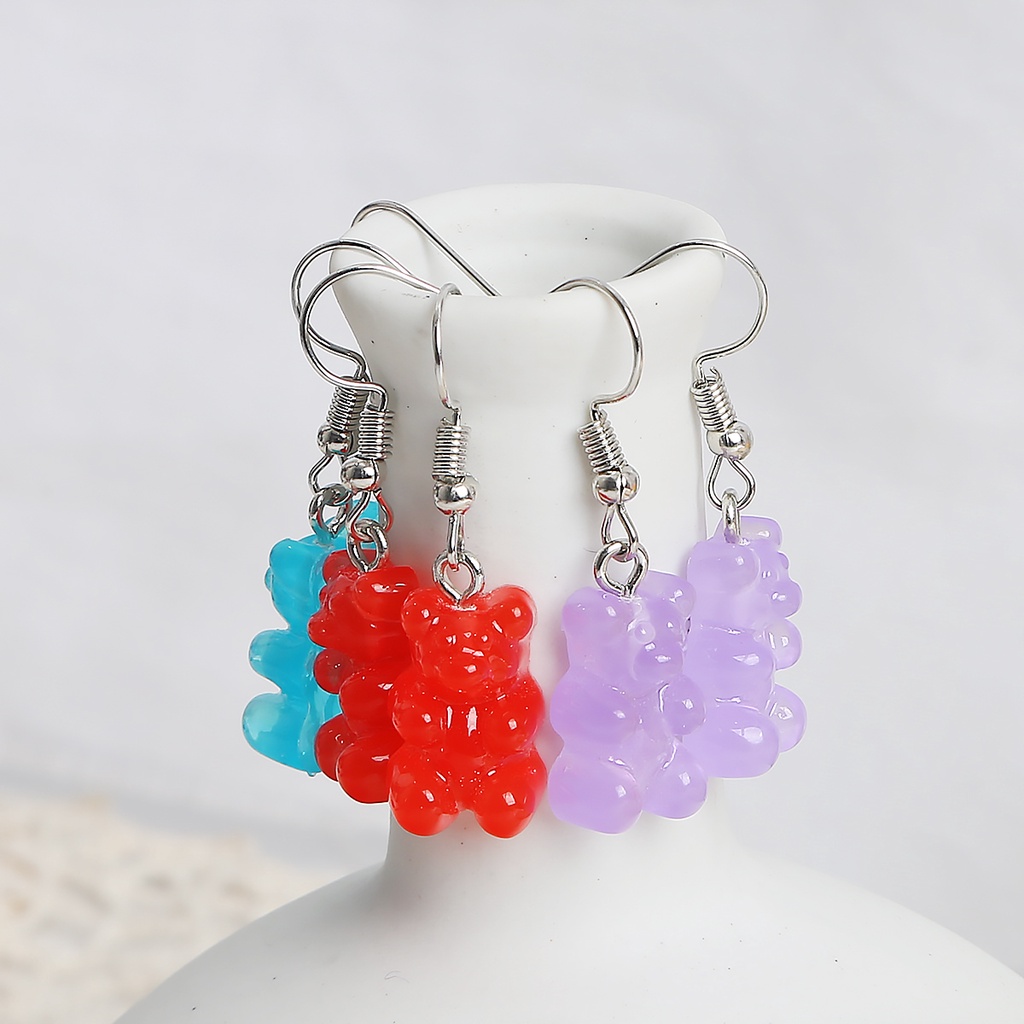 Anting Kait Menjuntai Desain Beruang Polikromatik Bahan Akrilik Warna Permen Jelly Untuk Wanita