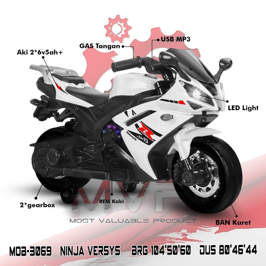 PROMO MVP3069 Ninja Versys Mainan Anak Motor Motoran Aki Ban Karet Gas Tangan MVP