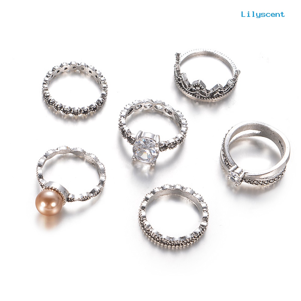 6pcs Cincin Knuckle Midi Model Hollow Bentuk Mahkota Aksen Mutiara Tiruan Bahan Zirkon Gaya Retro Untuk Wanita