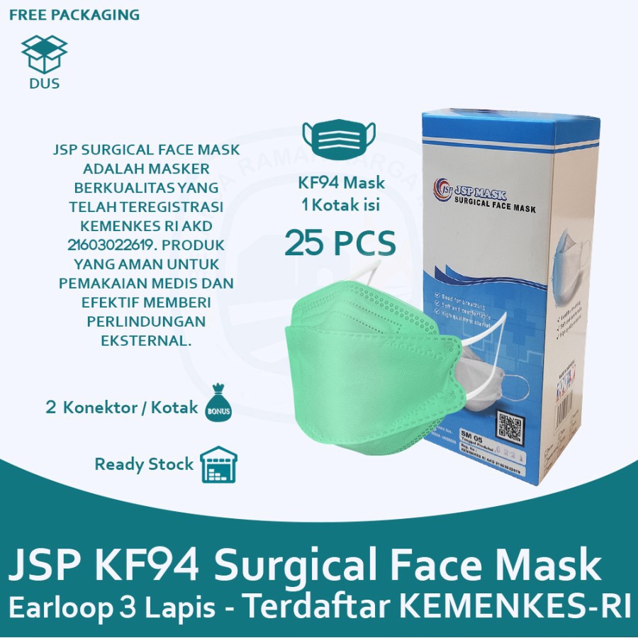 Masker JSP KF94 KN95 3 Ply isi 25 PCS Masker Medis isi 50 Free Konektor untuk Headloop Surgical Mask