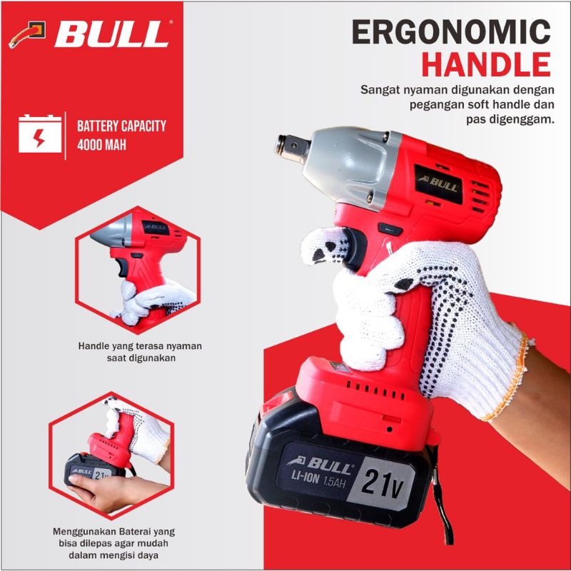 Air Impact Wrench Cordless BULL BL127 Alat Buka Baut Baterai