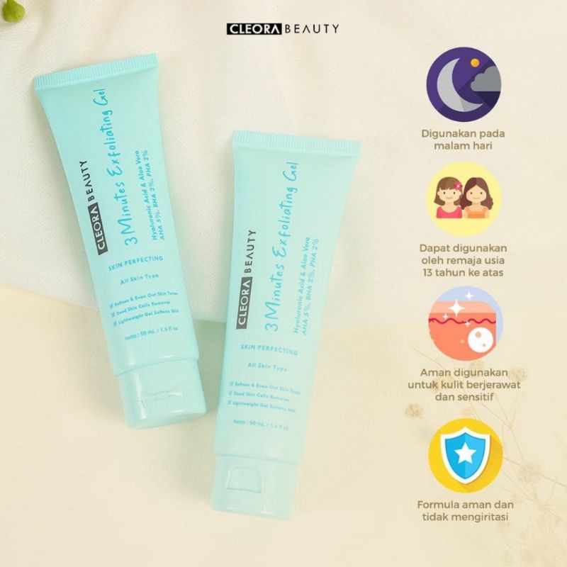 3 Minutes Exfoliating Gel diformulasikan dengan AHA, BHA, dan PHA dengan manfaat mengangkat sel-selkulit mati