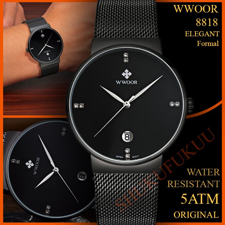 WWOOR 8818 Jam Tangan Formal Pria gaya Elegan Rantai Stainless Black Original