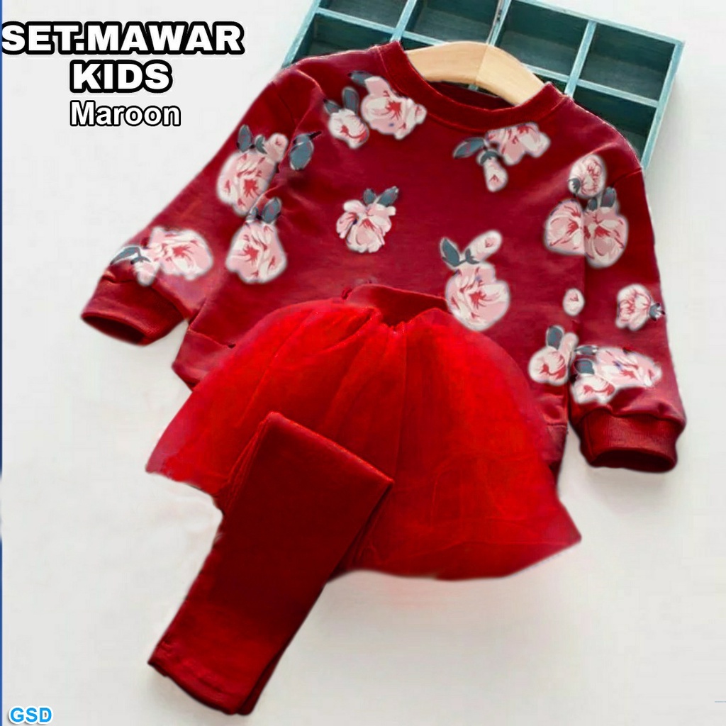 Set mawar kids/Baju Setelan Rok Celana Anak Motif Bunga Mawar/Kaos Anak Dan Rok Tutu Good Premium