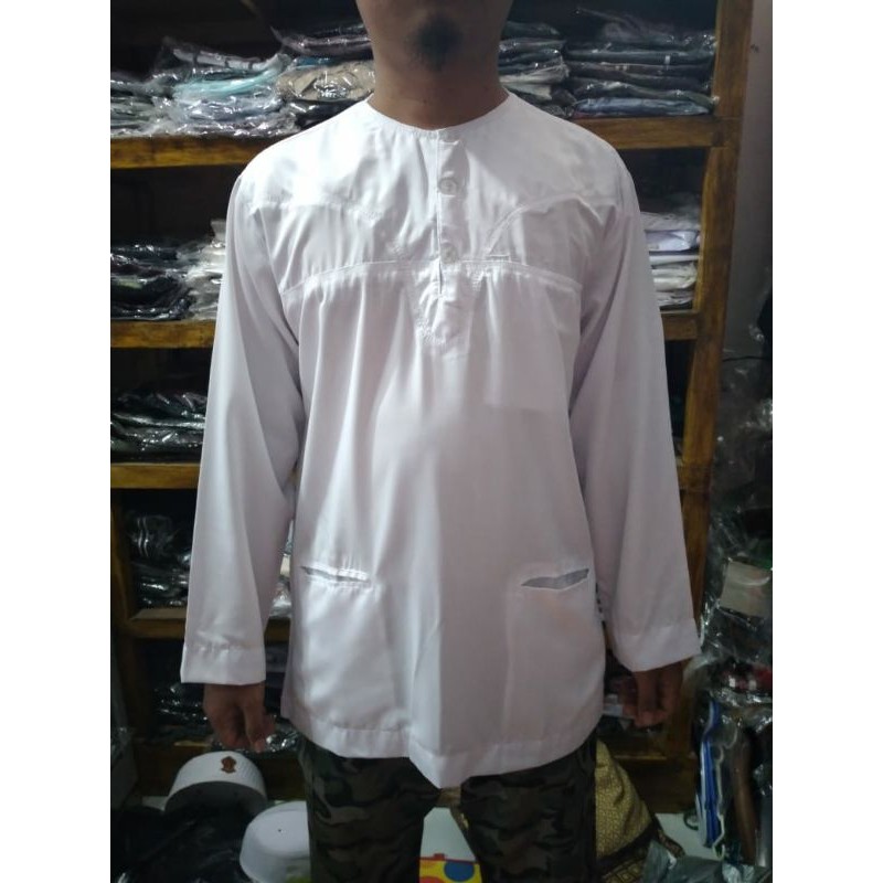 baju koko habib polos putih kancing tiga