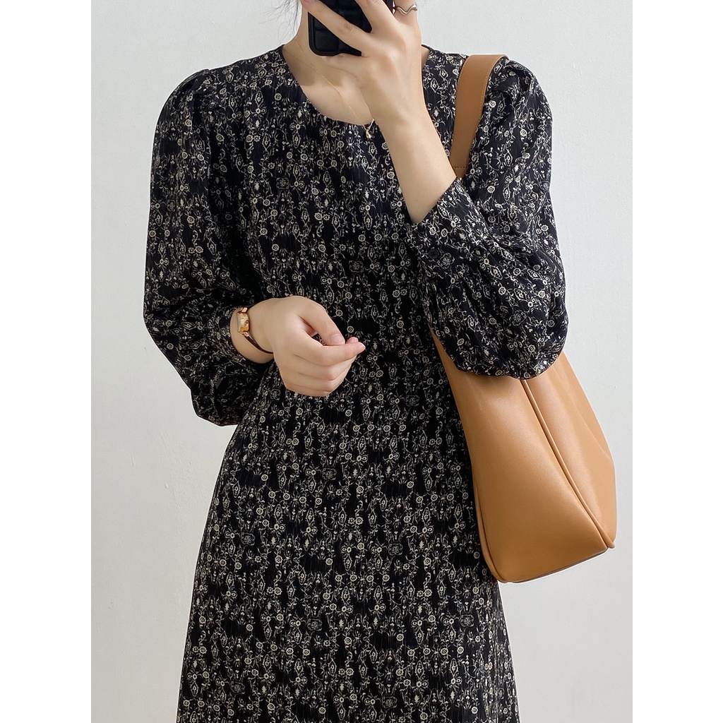 AIMEI Gaun bunga panjang pinggang panjang Prancis lengan panjang wanita Korea retro