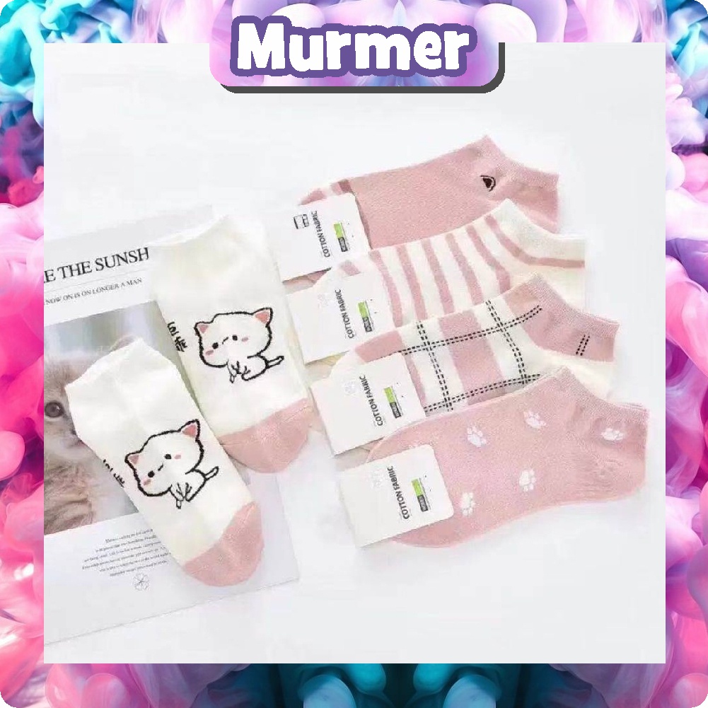 MurmerOfficial Kaos Kaki Wanita Motif Pink Cat Kucing Meow Fashion Korea Women Sock Import Murah KK012