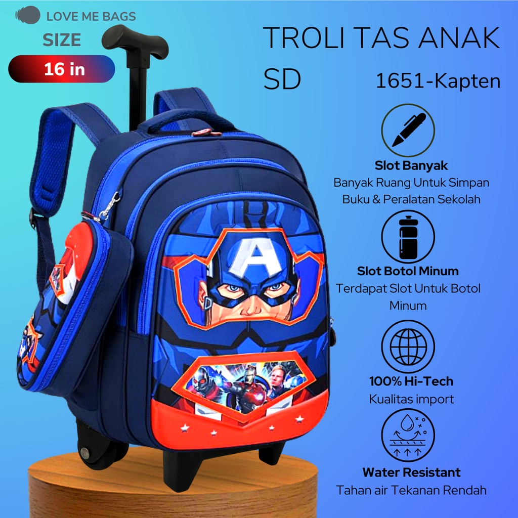 LMB Tas Troli Anak Laki Laki Sekolah SD Ransel Import Premium Karakter Gambar Superhero Timbul 6D Roda Dorong