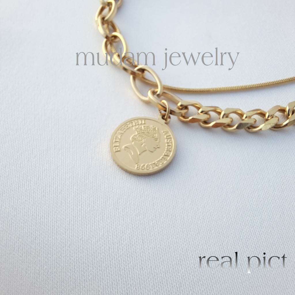 Gelang Titanium Rantai Combinasi 2 Leyer Model Vintage Queen Coin Tersedia Warna Rose Gold dan Gold