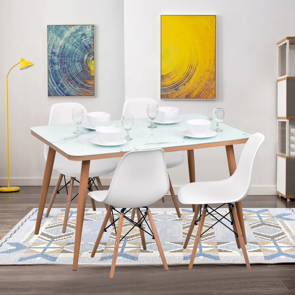 Offo Living - Meja Makan Set Kaca Minimalis Kiona Millenial Putih - DT-1901C-WHT