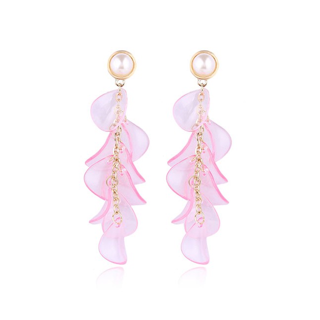 LRC Anting Tusuk Fashion Red Petal Resin Pearl Tassel Long Earrings D96550
