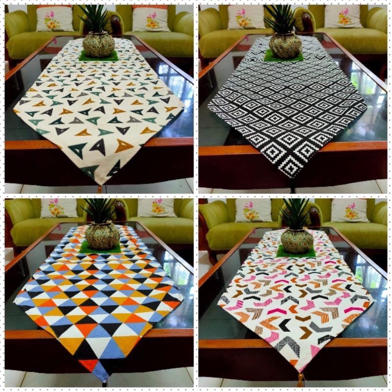 Taplak Meja Tamu Makan Motif / Table Runner Ukuran 120 x 40 cm dengan Rumbai dan Busa Anti Slip