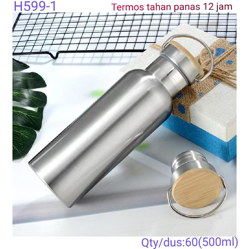 H599-1 [ SILVER ] Termos Tutup Bambu 500ml / Botol Stainless Steel Tahan Panas