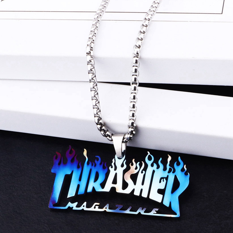 Kalung Dengan Liontin Desain Thrasher Magazine Flame Gaya Hip Hop Untuk Pria