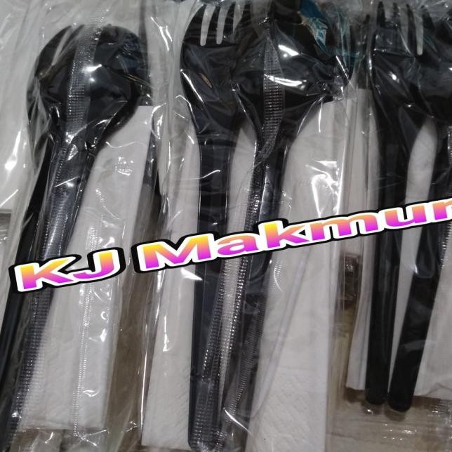 ☞ (50 set) Paket Sendok Garpu Plastik/ Set Garpu Sendok Plastik Hitam ❃