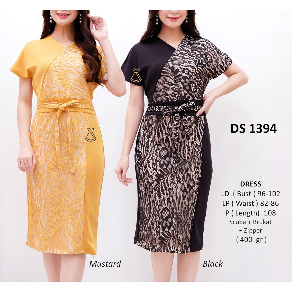 DS1394 - DRESS PESTA BRUKAT LACE MIDI SCUBA BODYCON SEPAN PREMIUM