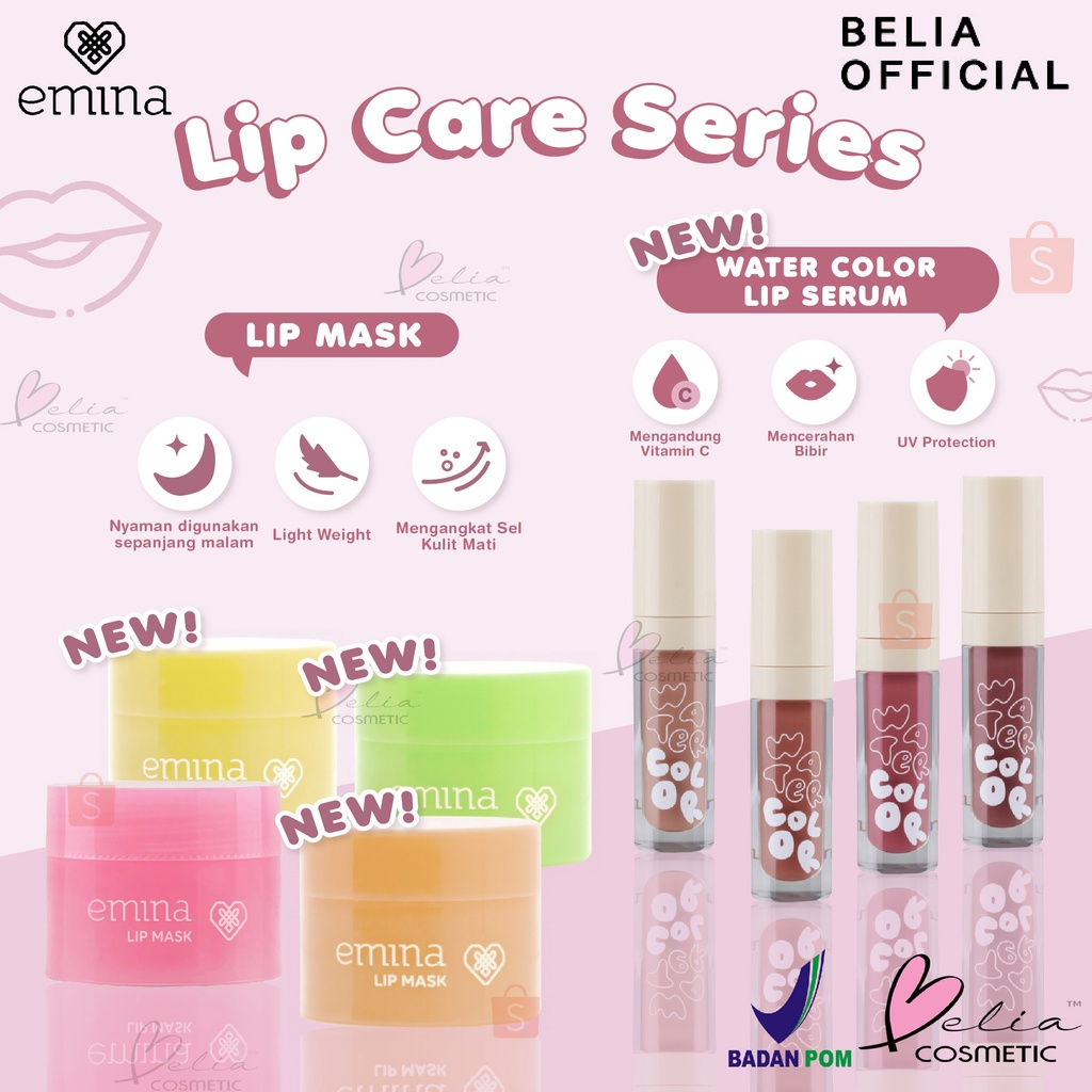 ❤ BELIA ❤ Emina Lip Mask Sleeping Mask &amp; Watercolor Lip Serum | Lip Mask | Lip Serum | Perawatan Bibir | BPOM