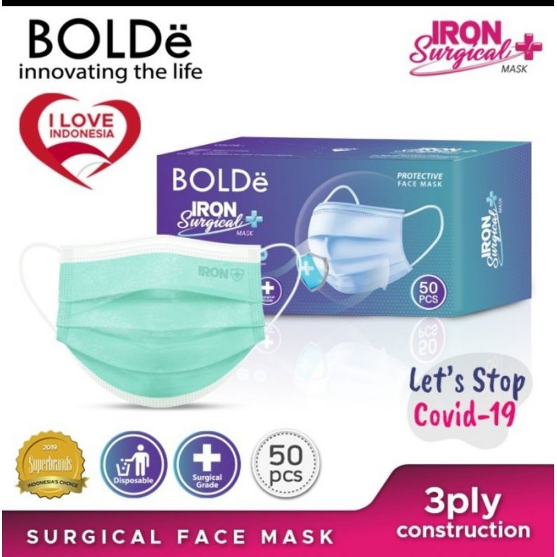 Masker IRON Surgical BOLDe 3 Ply Isi 50 Pcs / Box - Ijin Depkes RI