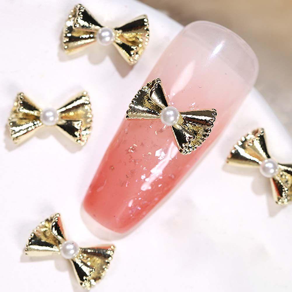 Mxbeauty Hiasan Nail Art 2pcs Warna Silver Candy Color Bownot Rhinstone Pearl Bow Busur Kuku Charms