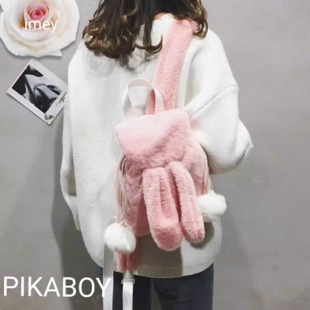 Ransel Anak Lucu Boneka Pompom Rabbit PIKABOY / Tas Ransel Wanita