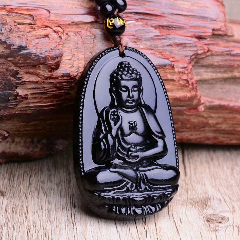 Liontin Kalung Natural Black Obsidian Carved Buddha Lucky Amulet