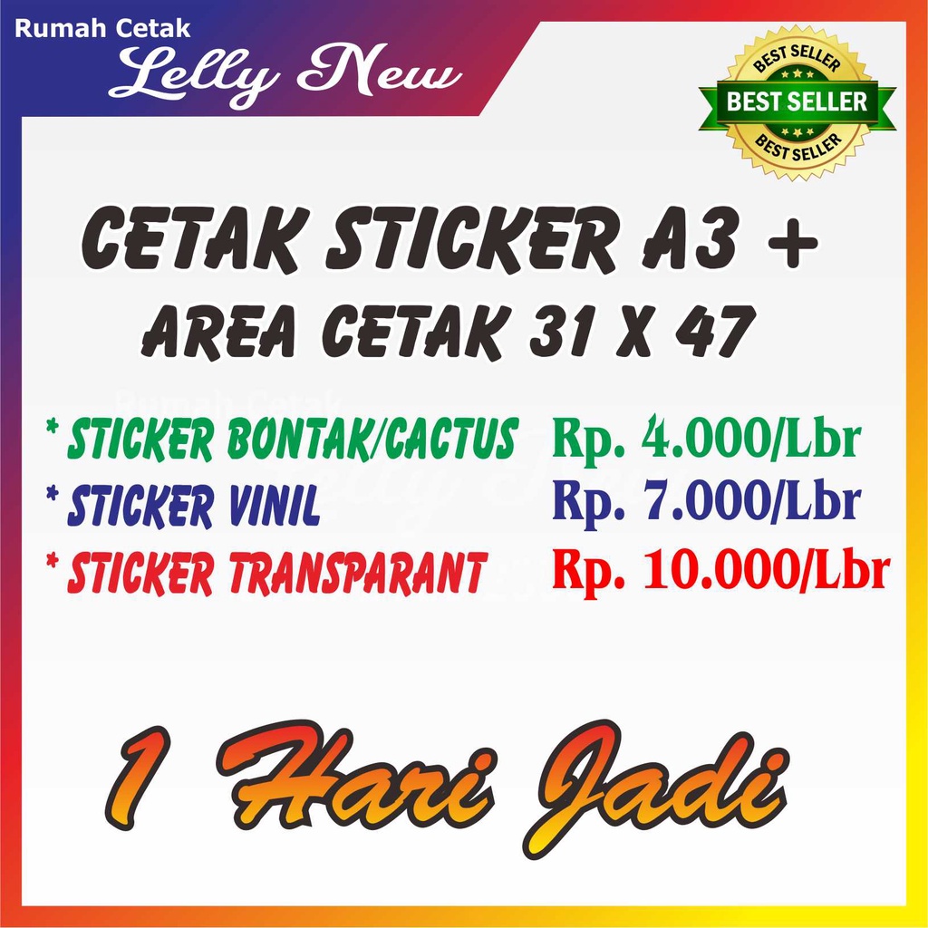 

CETAK STICKER A3 MURAH (Ukuran 31x47cm) STICKER BONTAK, STICKER VINIL, STICKER TRANSPARANT