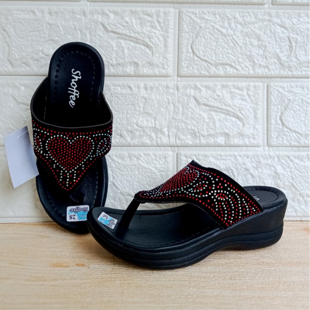 Shoffee K24 K37 Sandal Anak Perempuan Jepit Wedges Kerlip Love Hak 5cm Size 26-35