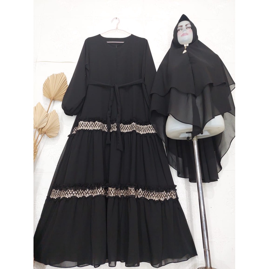 Gamis Ceruty Renda 2undak Terbaru Set Khimar | Gamis Syari Busui Ceruty Babydoll