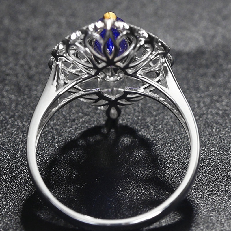 Cincin Jari Cubic Zirconia Warna Biru Marquise Gaya Retro Vintage Untuk Wanita