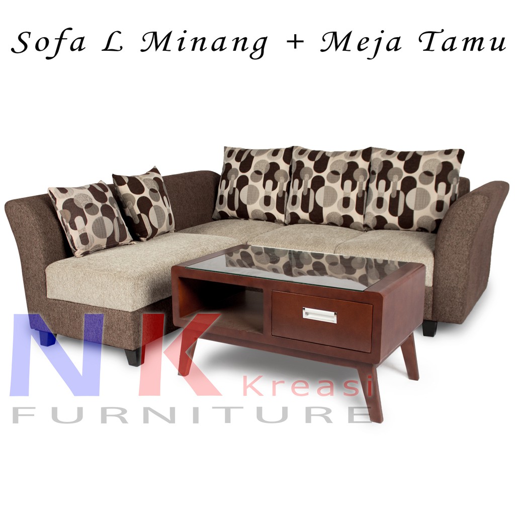 Sofa Set, sofa tamu L coklat + meja Retro Cantik