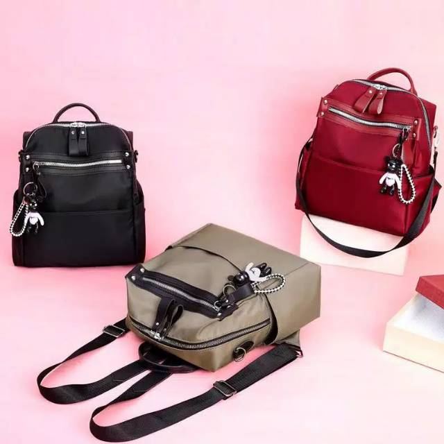 Tas Ransel Wanita Free Gantungan Bahan Nilon Glossy Warna khaki Marun Dan Hitam