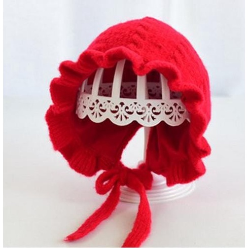 Topi bonet rajut anak/bayi import motif  gelombang banyak warna-Merah