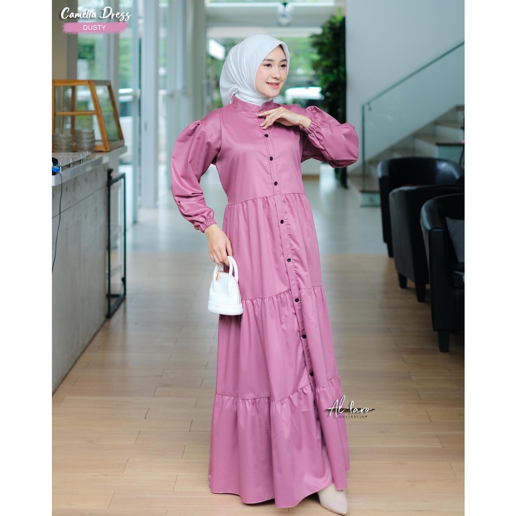 Gamis Toyobo kancing camelia ori alfaro katun jepang adem rempel Ruffle serut kerut saku busana muslim