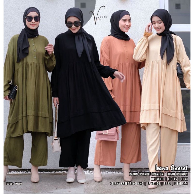 Ivana one set baju muslimah jumbo ld 120 basic polos bahan cringkle | long tunik & celana ori vente
